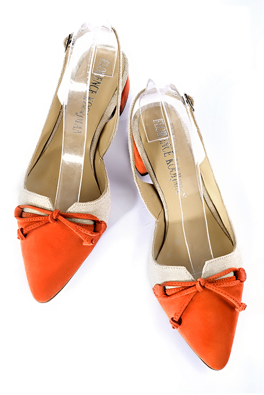 Clementine orange and natural beige women's open back shoes, with a knot. Tapered toe. Low flare heels. Top view - Florence KOOIJMAN